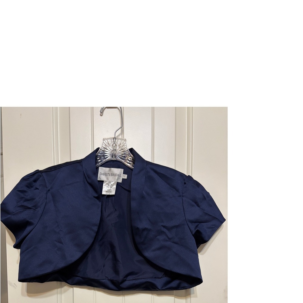 David's Bridal Navy Blue Satin Bolero Shrug Short Sleeve Formal Jacket Size 2/4